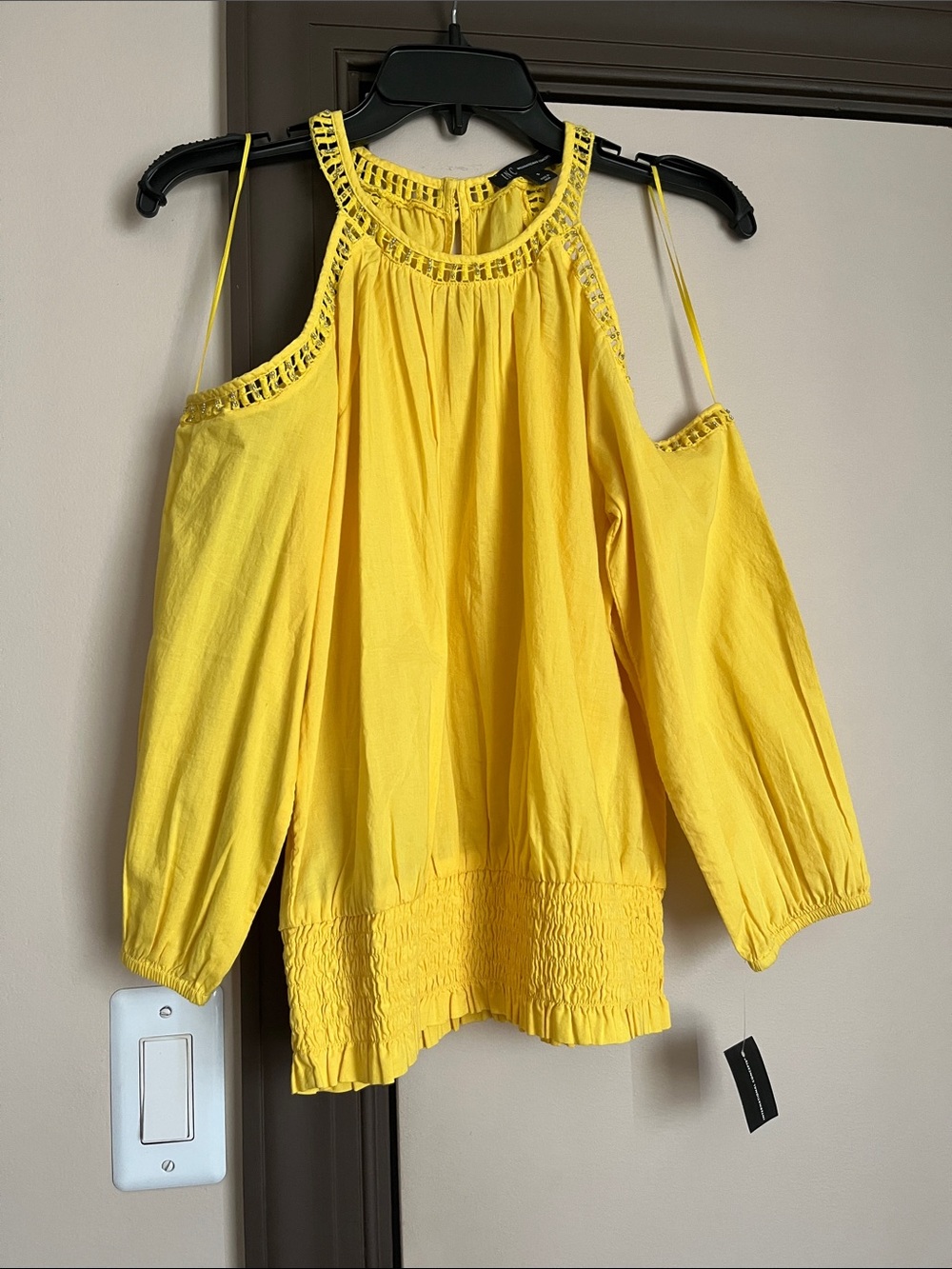 INC International Concepts Sunny Yellow Cold-Shoulder Crochet Blouse